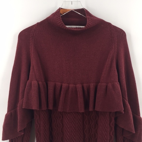 PROJECT Naadam Ruffle Cable Knit Sweater Mock Neck Burgundy Maroon Small - Picture 3 of 9